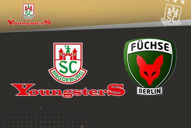 Spielankündigungsgrafik mit den Vereinslogos der Füchse Berlin und der SCM Youngsters.