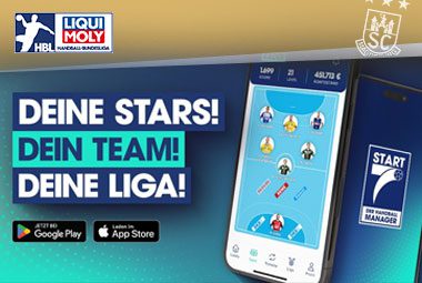 Werbegrafik für den START7 Handball Fantasy Manager mit der Aufschrift „Deine Stars! Dein Team! Deine Liga!“ neben einem Smartphone.