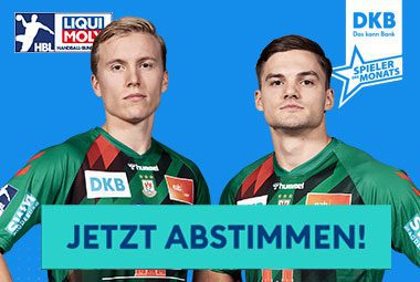 Abstimmungsgrafik zur Wahl des DKB Spielers des Monats mit den Porträts von Gísli Kristjánsson und Kay Smits sowie der Aufschrift „JETZT ABSTIMMEN!“.