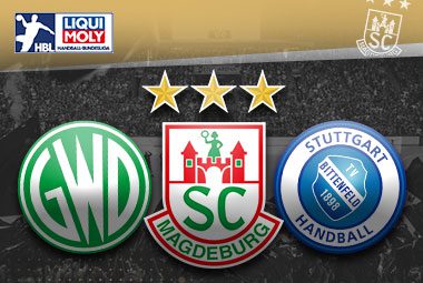 Ankündigungsgrafik mit den Vereinslogos von GWD Minden, dem SC Magdeburg und dem TVB Stuttgart.