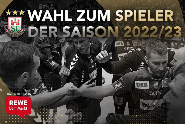 Abstimmungsgrafik mit der Aufschrift „WAHL ZUM SPIELER DER SAISON 2022/23“ vor einem Schwarz-Weiß-Bild jubelnder SCM-Spieler.