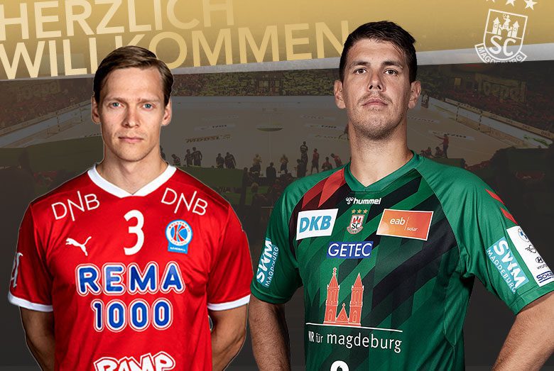 Willkommensgrafik für Janus Dadi Smárason (links im roten Trikot) neben Ómar Ingi Magnússon mit dem Text „HERZLICH WILLKOMMEN“.