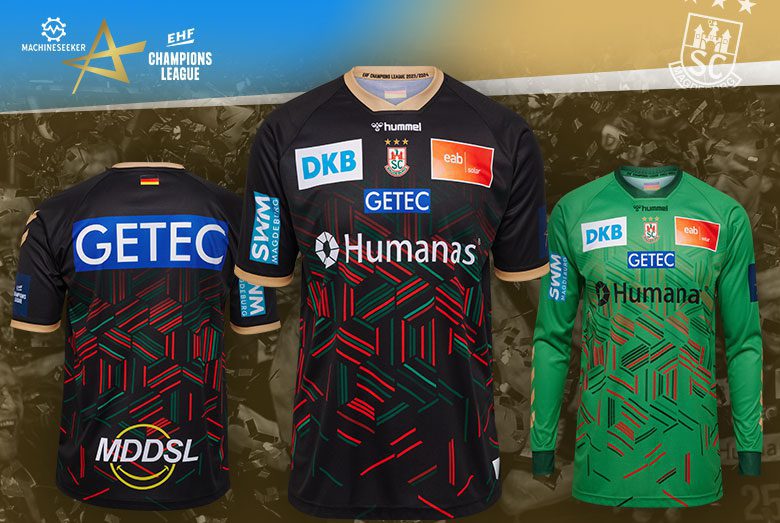 Die offiziellen EHF Champions League Trikots des SC Magdeburg in Schwarz und Grün.