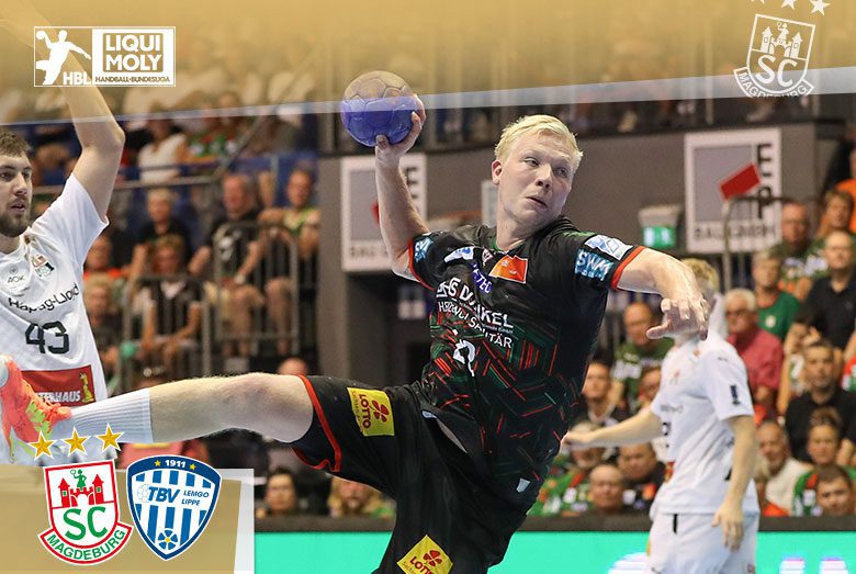 Felix Claar vom SC Magdeburg beim Sprungwurf im Spiel gegen den TBV Lemgo Lippe.