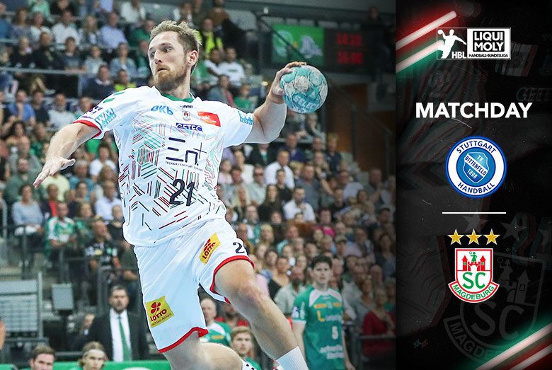 Spielankündigung der Handball-Bundesliga für die Partie TVB Stuttgart gegen den SC Magdeburg mit Albin Lagergren am Ball.