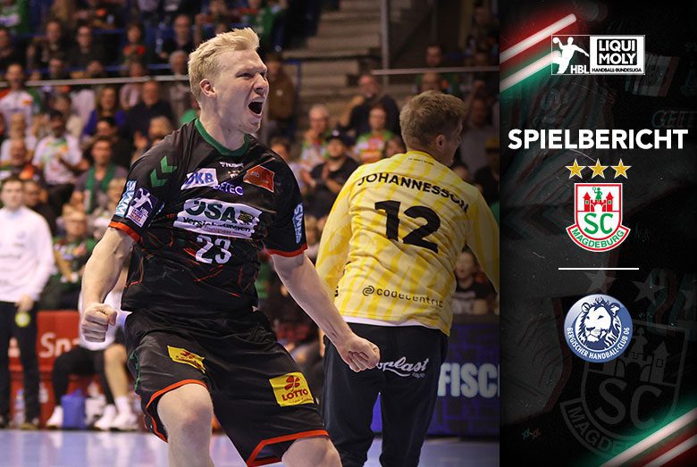 Spielbericht-Grafik der Handball-Bundesliga zum Heimsieg des SC Magdeburg gegen den Bergischen HC mit dem jubelnden Magnus Saugstrup.