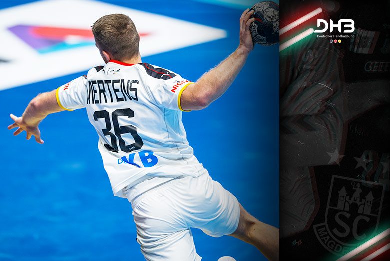Ankündigungsgrafik zur Nationalmannschaft mit Lukas Mertens beim Sprungwurf im Trikot des DHB-Teams.