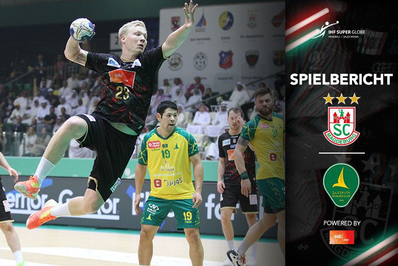 Spielbericht-Grafik des IHF Super Globe zum Sieg des SC Magdeburg gegen den Khaleej Club mit Magnus Saugstrup beim Sprungwurf.