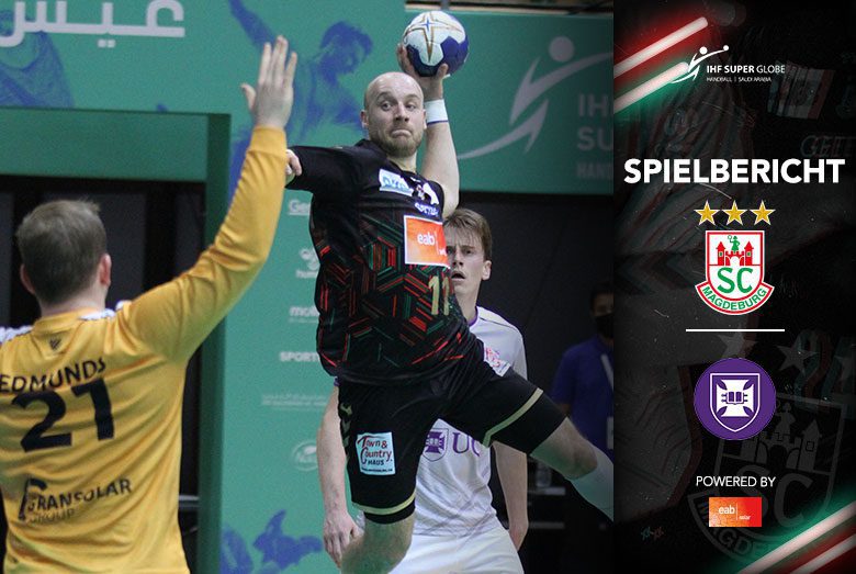 Spielbericht-Grafik des IHF Super Globe zum Halbfinalsieg des SC Magdeburg gegen University of Queensland mit Daniel Pettersson beim Torwurf.