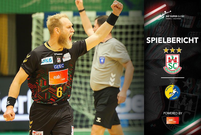 Spielbericht-Grafik des IHF Super Globe zum Halbfinalsieg des SC Magdeburg gegen Barlinek Industria Kielce mit dem jubelnden Matthias Musche.