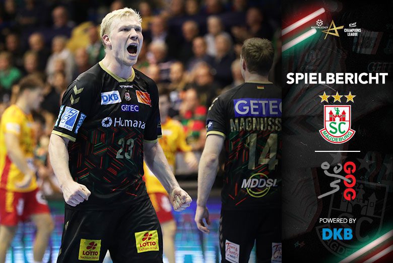 Spielbericht-Grafik der EHF Champions League zum Heimsieg des SC Magdeburg gegen GOG Håndbold mit dem jubelnden Magnus Saugstrup.