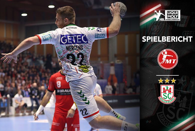 Spielbericht-Grafik der Handball-Bundesliga zum Spiel des SC Magdeburg bei der MT Melsungen mit Lukas Mertens am Ball.