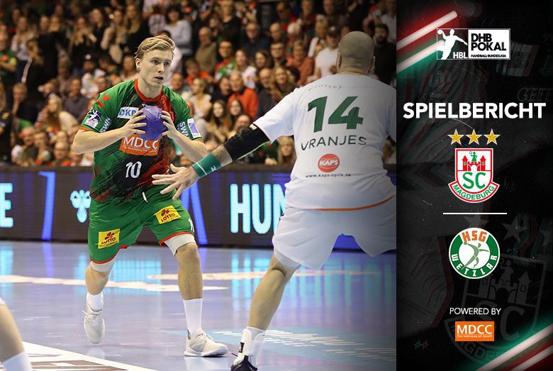 Spielbericht-Grafik des DHB-Pokals zum Spiel des SC Magdeburg gegen die HSG Wetzlar mit Gisli Thorgeir Kristjansson am Ball.