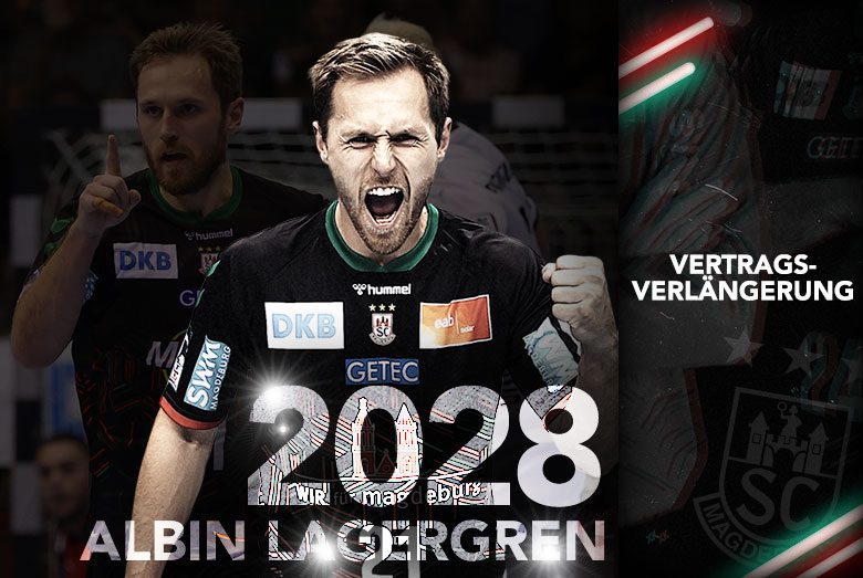 Grafik zur Vertragsverlängerung von Albin Lagergren beim SC Magdeburg bis zum Jahr 2028.
