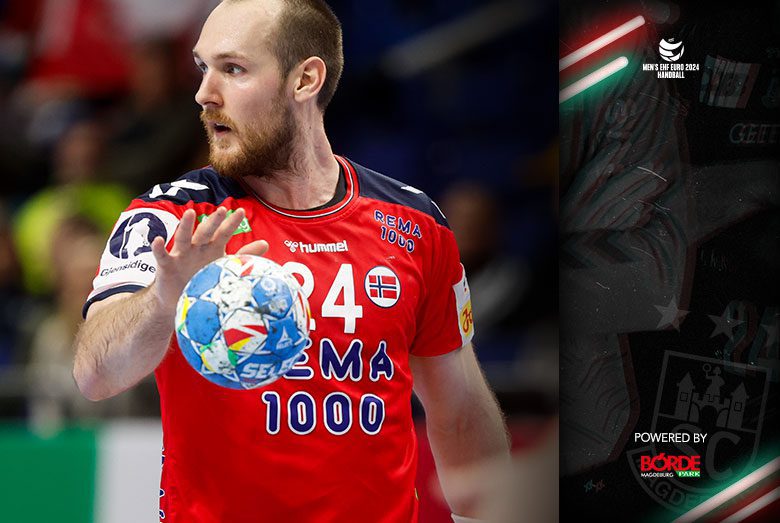 Grafik zur Europameisterschaft 2024 mit Nationalspieler Christian O'Sullivan am Ball im Trikot von Norwegen.