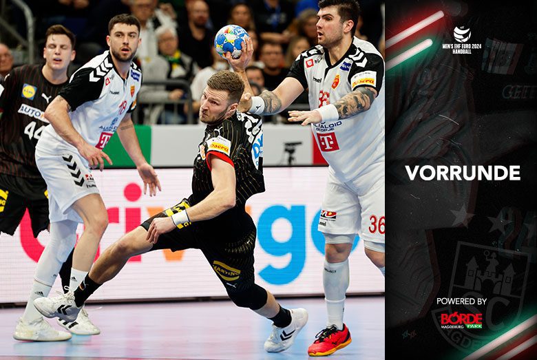 Grafik zur Europameisterschaft 2024 mit Nationalspieler Philipp Weber in einer dynamischen Spielszene im Wurf.