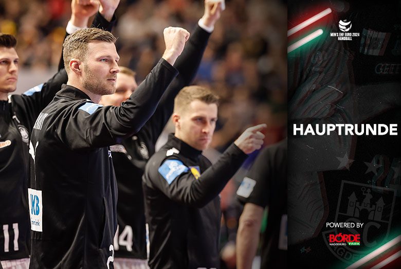 Grafik zur Hauptrunde der Europameisterschaft 2024 mit einem jubelnden Nationalspieler Philipp Weber auf der Bank.