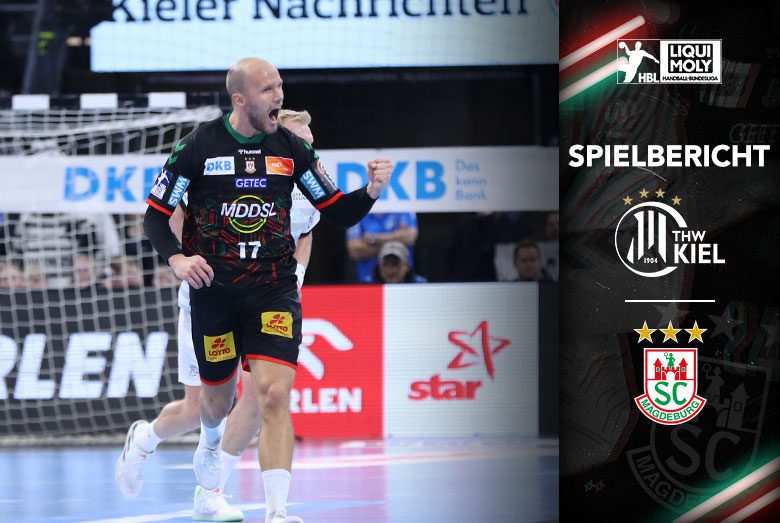 Spielberichts-Grafik zum Bundesliga-Topspiel des SC Magdeburg auswärts beim THW Kiel.