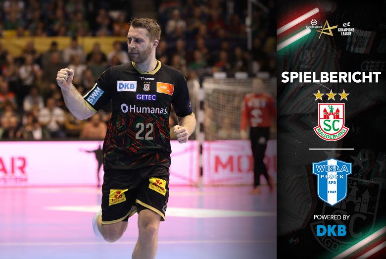 Spielberichts-Grafik zum Champions League-Topspiel des SC Magdeburg gegen Wisla Plock.