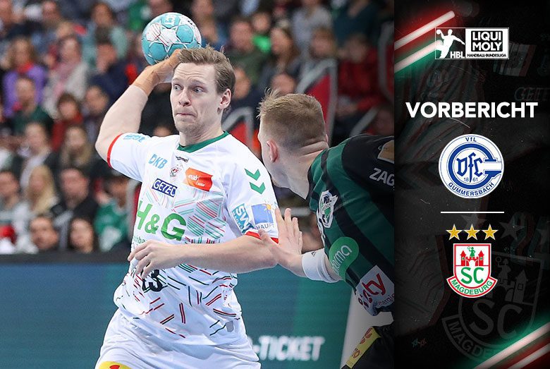 Vorbericht-Grafik zur Bundesliga zum Heimspiel des SC Magdeburg gegen den VfL Gummersbach mit Janus Smárason am Ball.