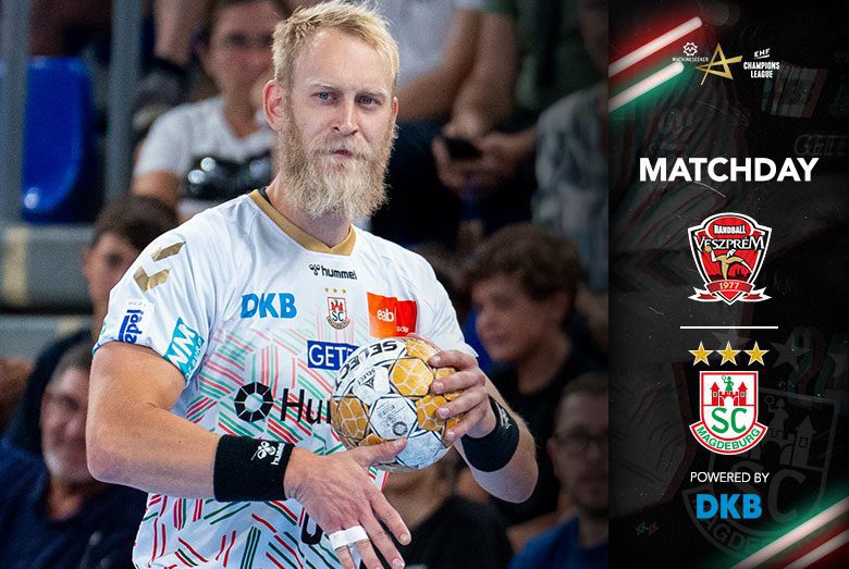 Grafik zum Champions-League-Spieltag gegen Telekom Veszprém mit Matthias Musche am Ball.