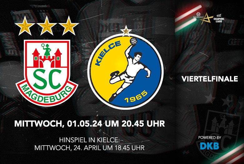 Ankündigungsgrafik zum EHF Champions League Viertelfinale des SC Magdeburg gegen Industria Kielce.