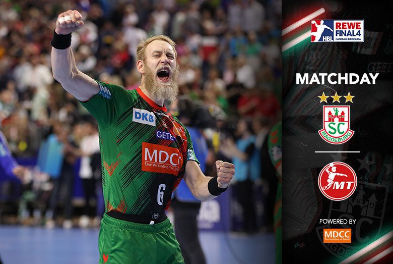 Grafik zum REWE Final4-Spieltag gegen die MT Melsungen mit einem jubelnden Matthias Musche.