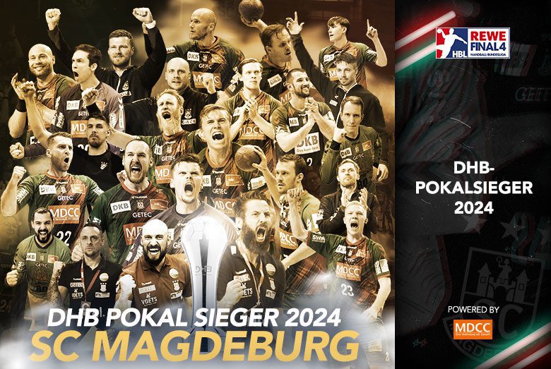 Jubelgrafik zum DHB-Pokalsieg 2024 des SC Magdeburg mit dem Team und dem Siegerpokal.
