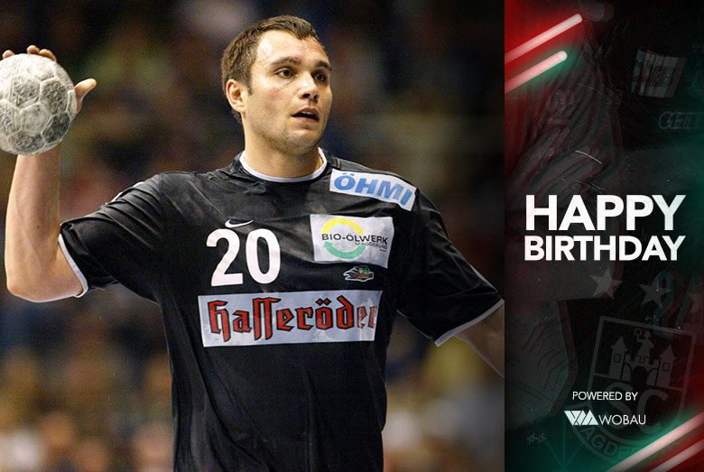 Happy Birthday Grafik mit einem historischen Foto von Oleg Kuleschow im Trikot des SC Magdeburg.