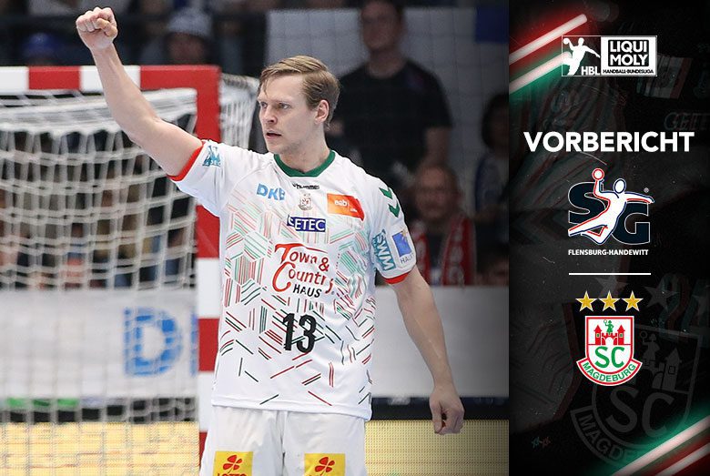 Vorbericht-Grafik zur Bundesliga zum Auswärtsspiel des SC Magdeburg bei der SG Flensburg-Handewitt mit Janus Smárason beim Jubeln.