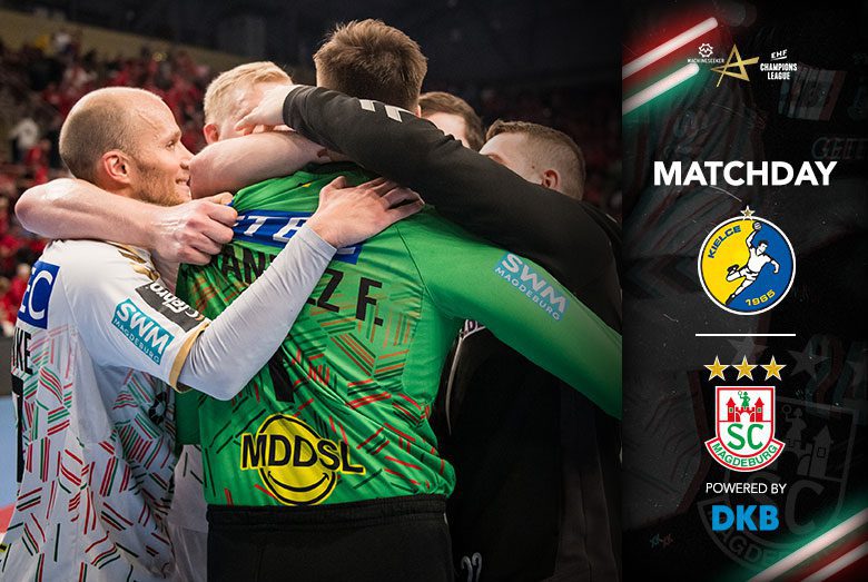 Matchday-Grafik zum Champions-League-Spiel gegen Industria Kielce mit jubelnden Spielern des SC Magdeburg.