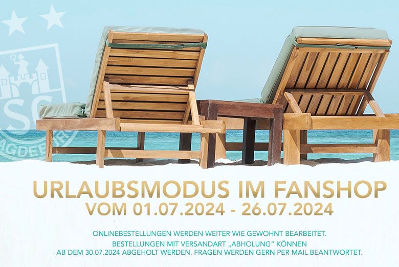 Infografik zum Urlaubsmodus im SCM-Fanshop vom 01.07. bis 26.07.2024 mit Hinweisen zu Onlinebestellungen und Abholungen.