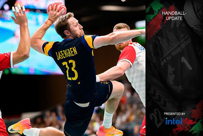 Handball-Update-Grafik präsentiert von Intel mit Albin Lagergren beim Sprungwurf von hinten.
