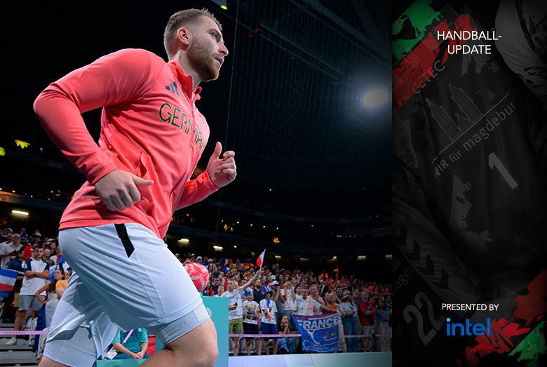 Handball-Update-Grafik präsentiert von Intel mit Lukas Mertens beim Einlaufen oder Aufwärmen in der Arena.