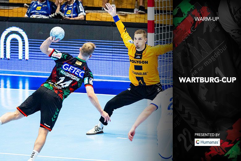 Warm-Up-Grafik zum Wartburg-Cup mit Ómar Ingi Magnússon beim Sprungwurf aufs Tor.