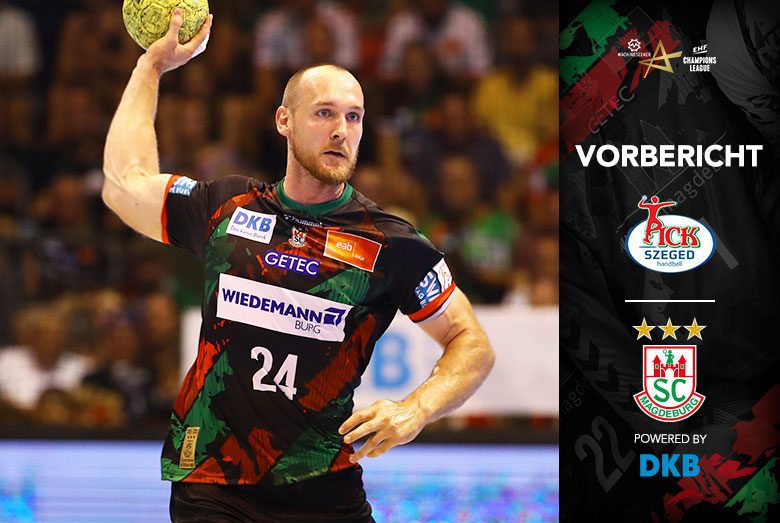 Vorbericht-Grafik zum Champions-League-Spiel gegen OTP Bank - Pick Szeged mit Christian O'Sullivan am Ball.