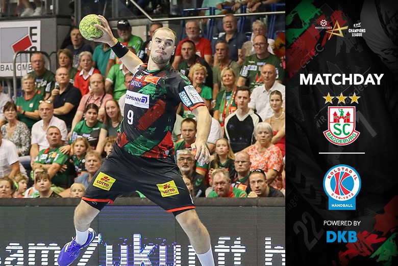 Handballspieler Tim Zechel im Sprungwurf auf einer Matchday-Grafik der Champions League des SC Magdeburg gegen Kolstad Håndball.