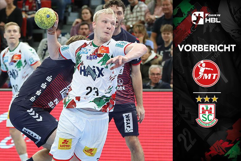 Grafik zum Daikin HBL Vorbericht des SC Magdeburg gegen die MT Melsungen mit Magnus Saugstrup in Aktion.