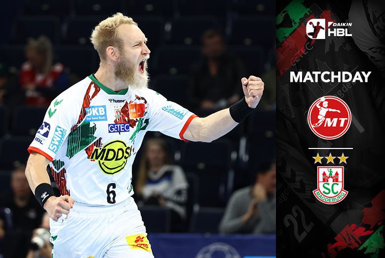 Matchday-Grafik zum Daikin HBL Spiel des SC Magdeburg gegen die MT Melsungen mit jubelndem Matthias Musche.