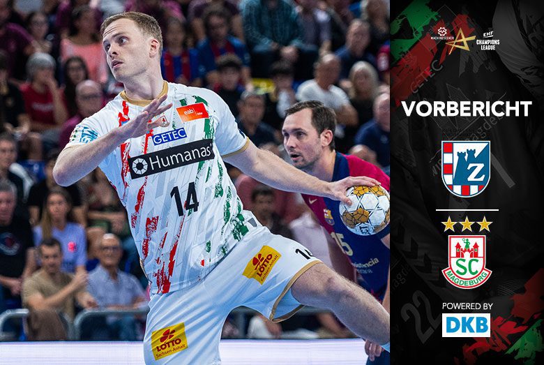 Vorbericht-Grafik zum EHF Champions League Spiel des SC Magdeburg gegen RK Zagreb mit Omar Ingi Magnusson in Aktion.