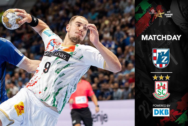 Matchday-Grafik zum EHF Champions League Spiel des SC Magdeburg gegen RK Zagreb mit Manuel Zehnder am Ball.