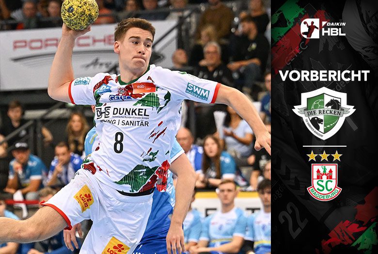 Vorbericht-Grafik zum Daikin HBL Spiel des SC Magdeburg gegen die TSV Hannover-Burgdorf mit Manuel Zehnder beim Sprungwurf.