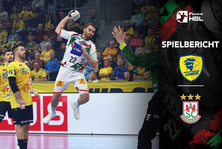 Spielbericht-Grafik zum Daikin HBL Spiel des SC Magdeburg gegen die Rhein-Neckar Löwen mit Lukas Mertens beim Sprungwurf.
