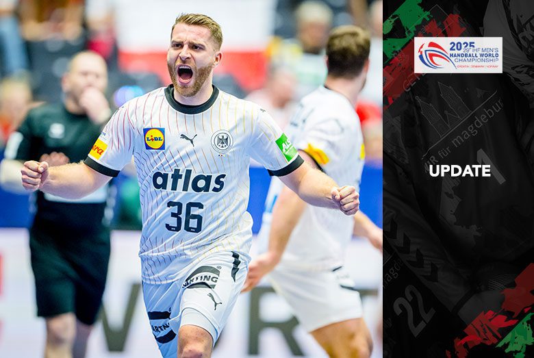 Update-Grafik zur Handball-WM mit dem jubelnden SCM-Nationalspieler Lukas Mertens im Deutschland-Trikot.