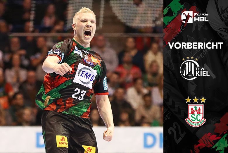Vorbericht-Grafik zum Daikin HBL Spiel des SC Magdeburg gegen den THW Kiel mit jubelndem Magnus Saugstrup.