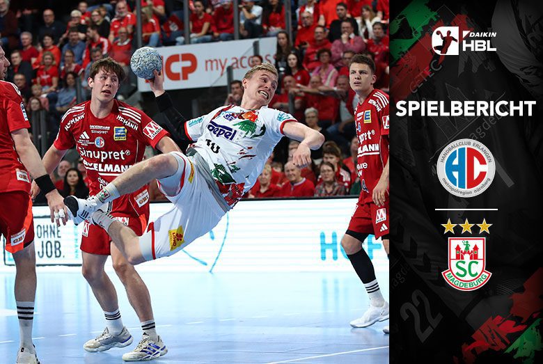 Spielbericht: Gísli Kristjánsson bricht im Fallwurf durch die Abwehr im Spiel gegen den HC Erlangen.