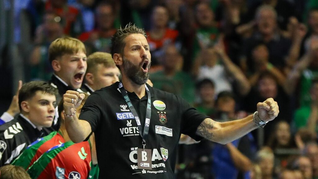 03.09.2026, xgox, Handball - Opel HBL SC Magdeburg - Füchse Berlin emspor, v.l. Bennet Wiegert (Magdeburg, Trainer) Jubel, Torjubel, jubelt ueber das Tor, celebrate the goal, celebration
