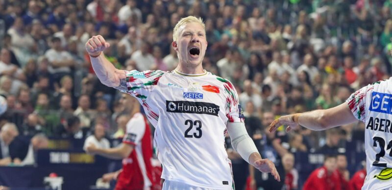 14.06.2026, xgox, Handball - EHF Champions League Spiel um Platz 3 SC Magdeburg - Aalborg Handbold v.l. Magnus Saugstrup (Magdeburg, 23) Jubel, Torjubel, jubelt ueber das Tor, celebrate the goal, celebration