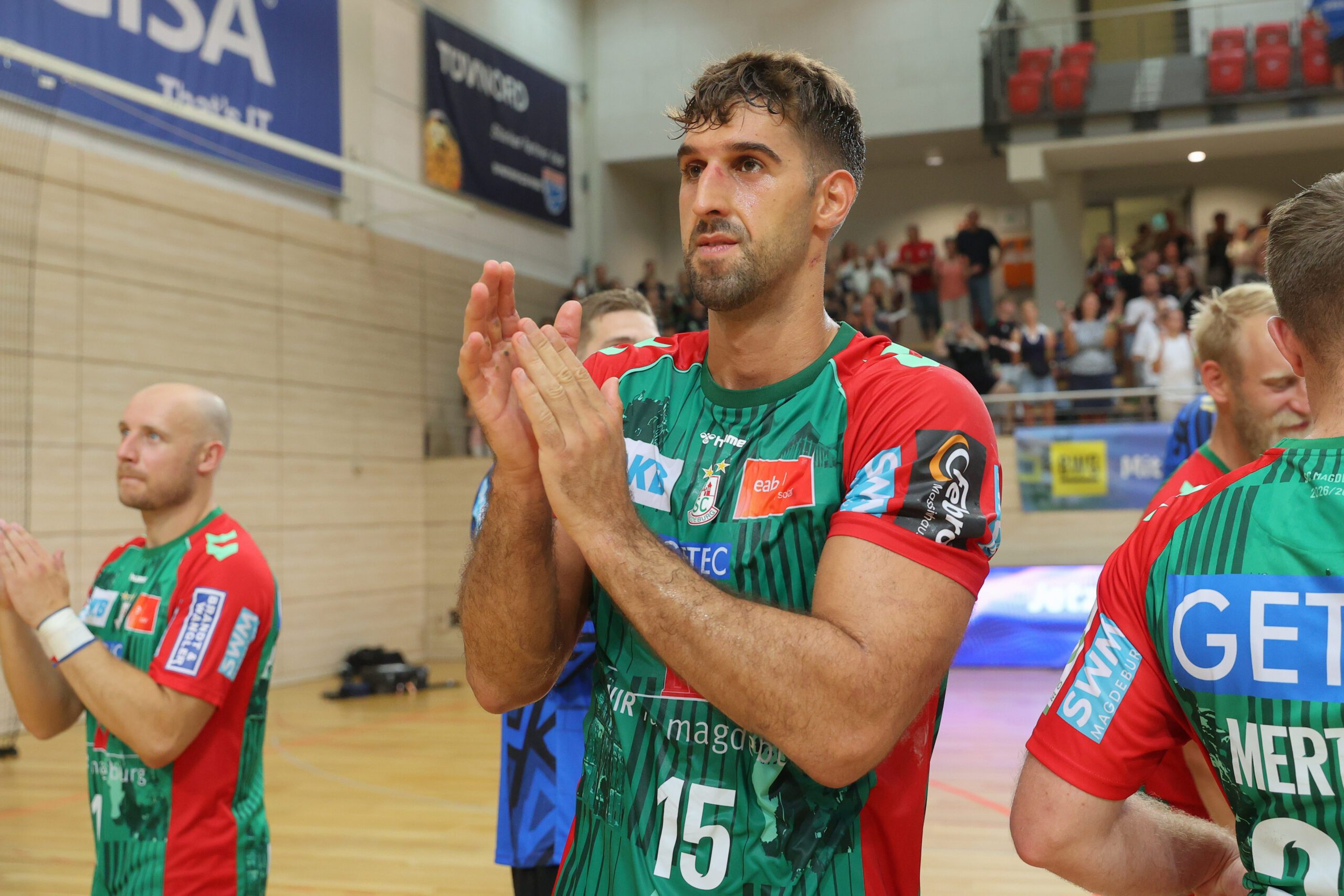 29.07.2026, xtgx, Handball Testspiel, SC Magdeburg - HSC 2000 Coburg v.l. Antonio Serradilla Cuenca (Magdeburg, 15) Jubel ueber den Sieg, Jubel nach Spielende Foto: Michael Taeger/Jan Huebner