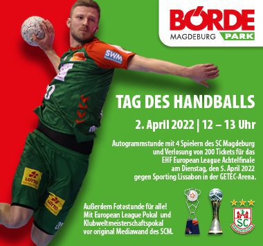 Ankündigungsgrafik zum „Tag des Handballs“ im Börde Park mit einem Foto von Omar Ingi Magnusson im Sprungwurf.